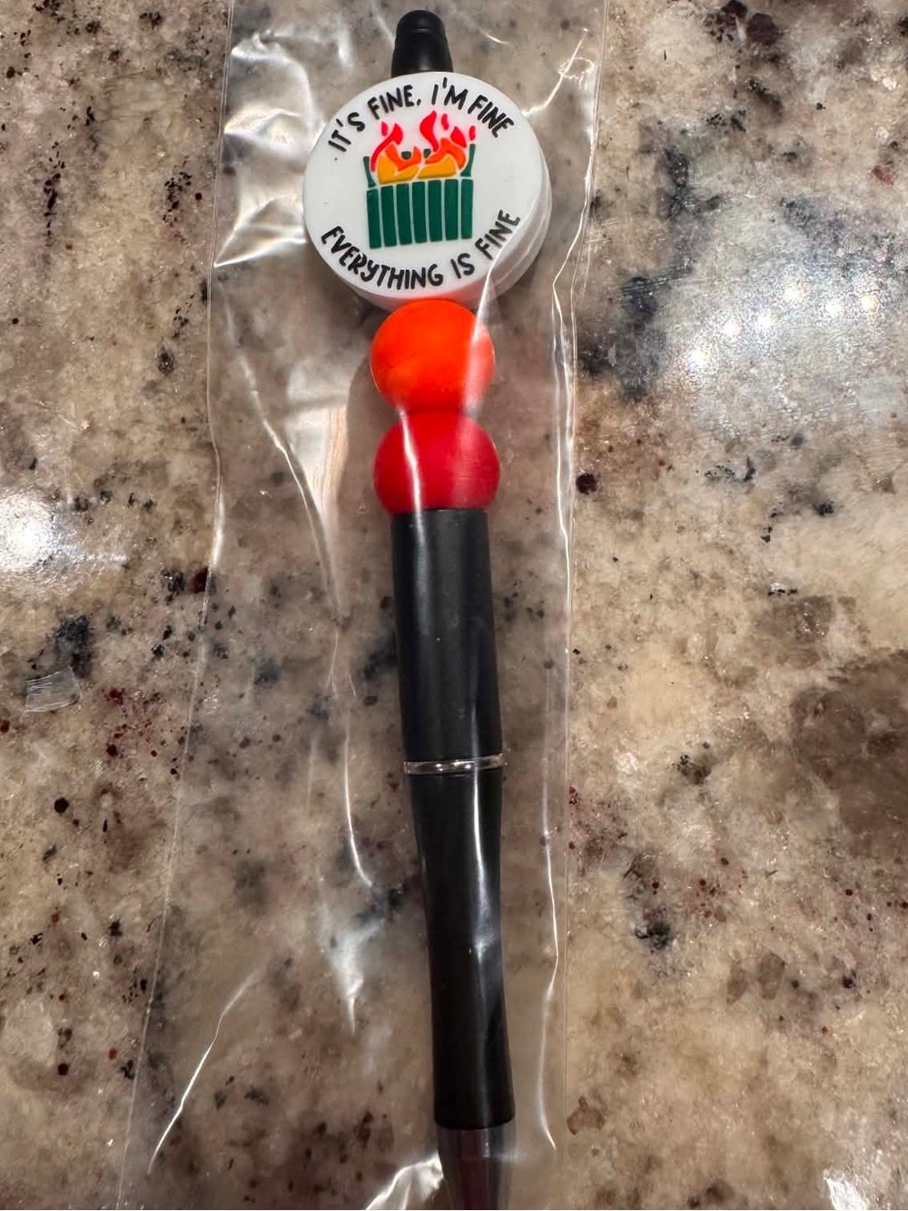 Hand Crafted Black Pen with Red-Orange Accent and 'Everything Is Fine' Top